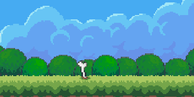Pixel corgi sniffing around a park, finding a bone while a butterfly flies by